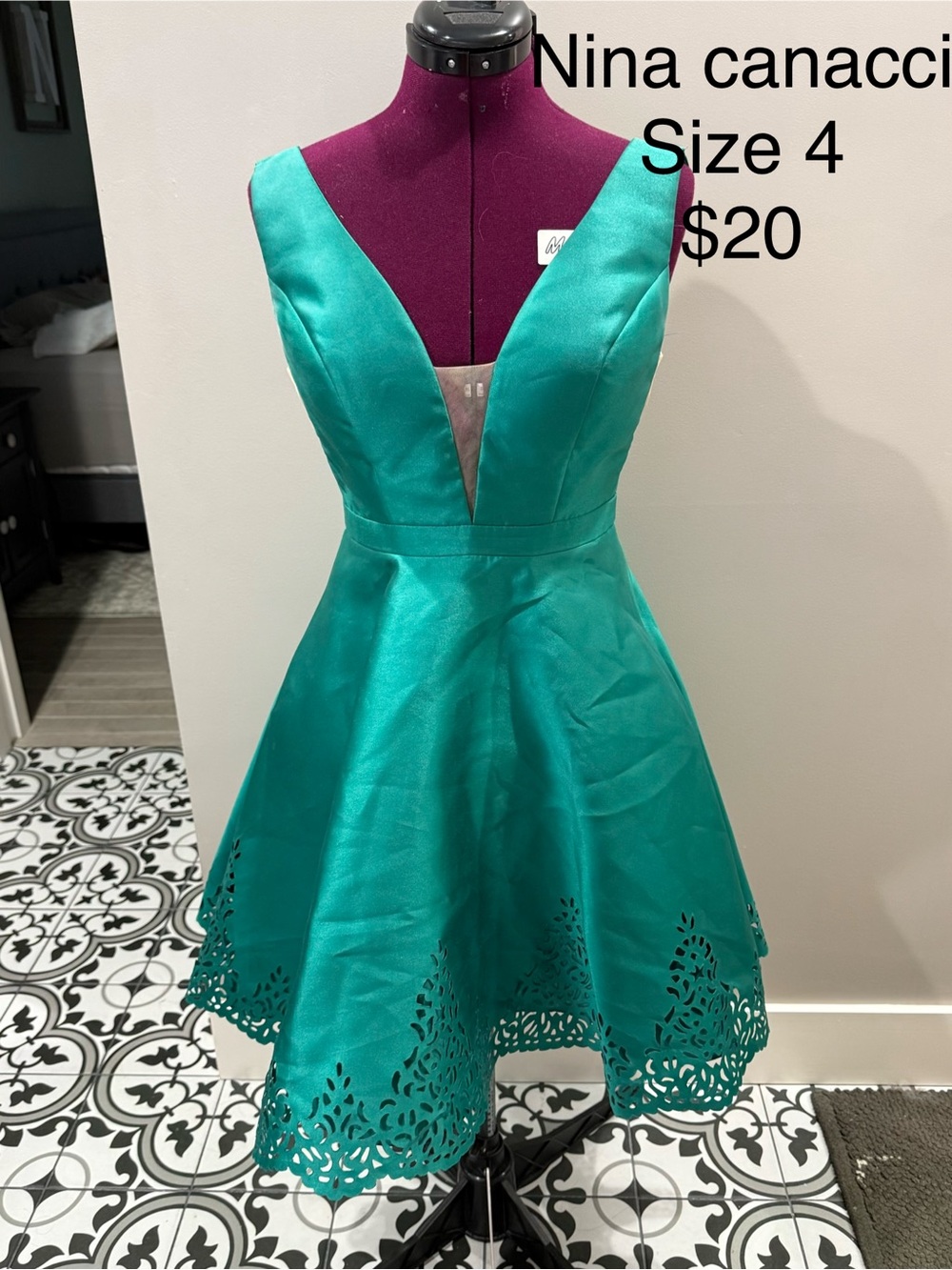 Nina Canacci Teal Satin A-Line Dress with Laser-Cut Hem